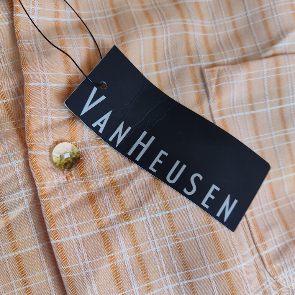 NWT Men’s Van Heusen Short Sleeve Dress Shirt 17-17.5 XL Orange Peach Check